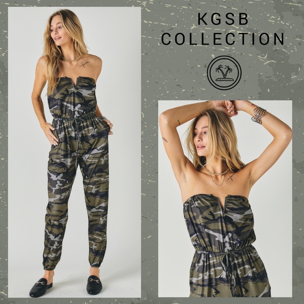 🌴 DAVI&DANI Slinky Camo Print Tube Top Jogger Jumpsuit Cinched Waist V Bustline